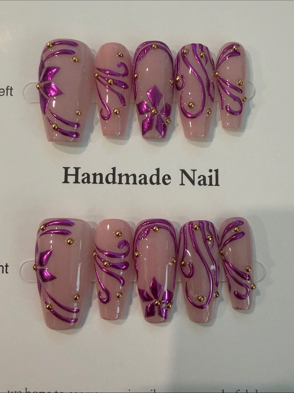 Handmade acrylic Press-On Nails - Pink with Metallic Purple Accents